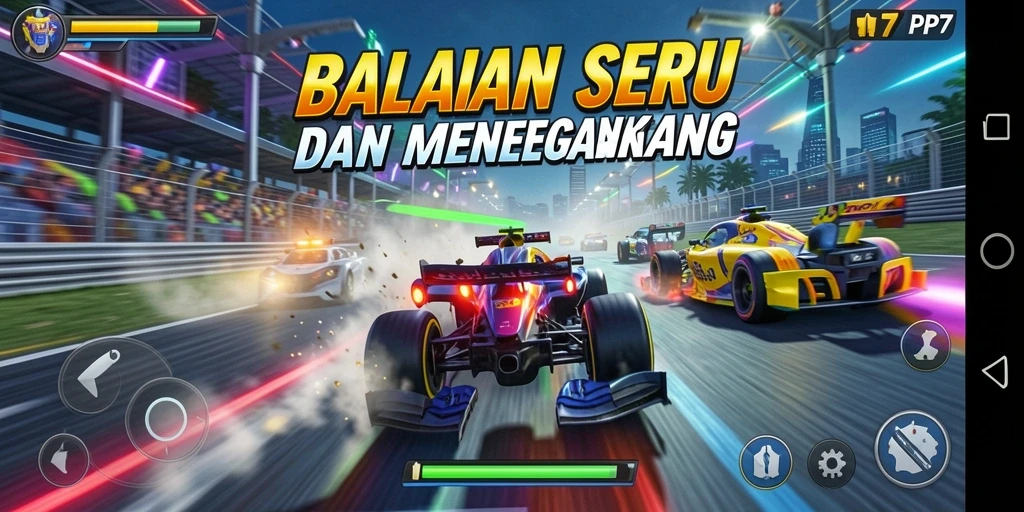 Screenshot utama PP7 menampilkan dua mobil balap yang bersaing di trek.
