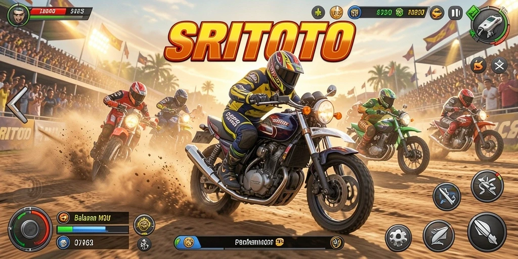 Tangkapan layar SRITOTO menampilkan aksi balapan motor yang mendebarkan.