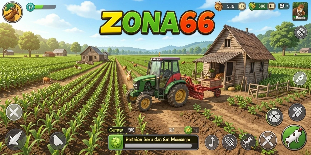 Screenshot gameplay ZONA66 menampilkan aktivitas bertani yang penuh warna.